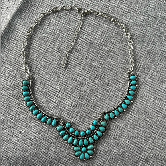Turquoise Statement Bib Necklace | Silver Tone Boho Chic Jewelry - Picture 3 of 4